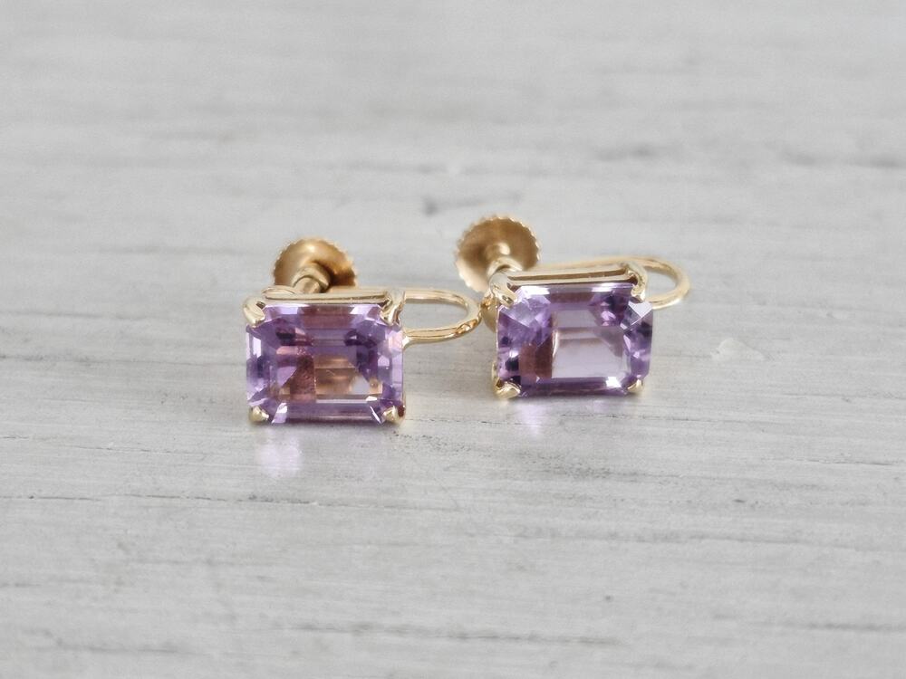 Vintage 14K Gold Amethyst Square Cut Screw On Earrings